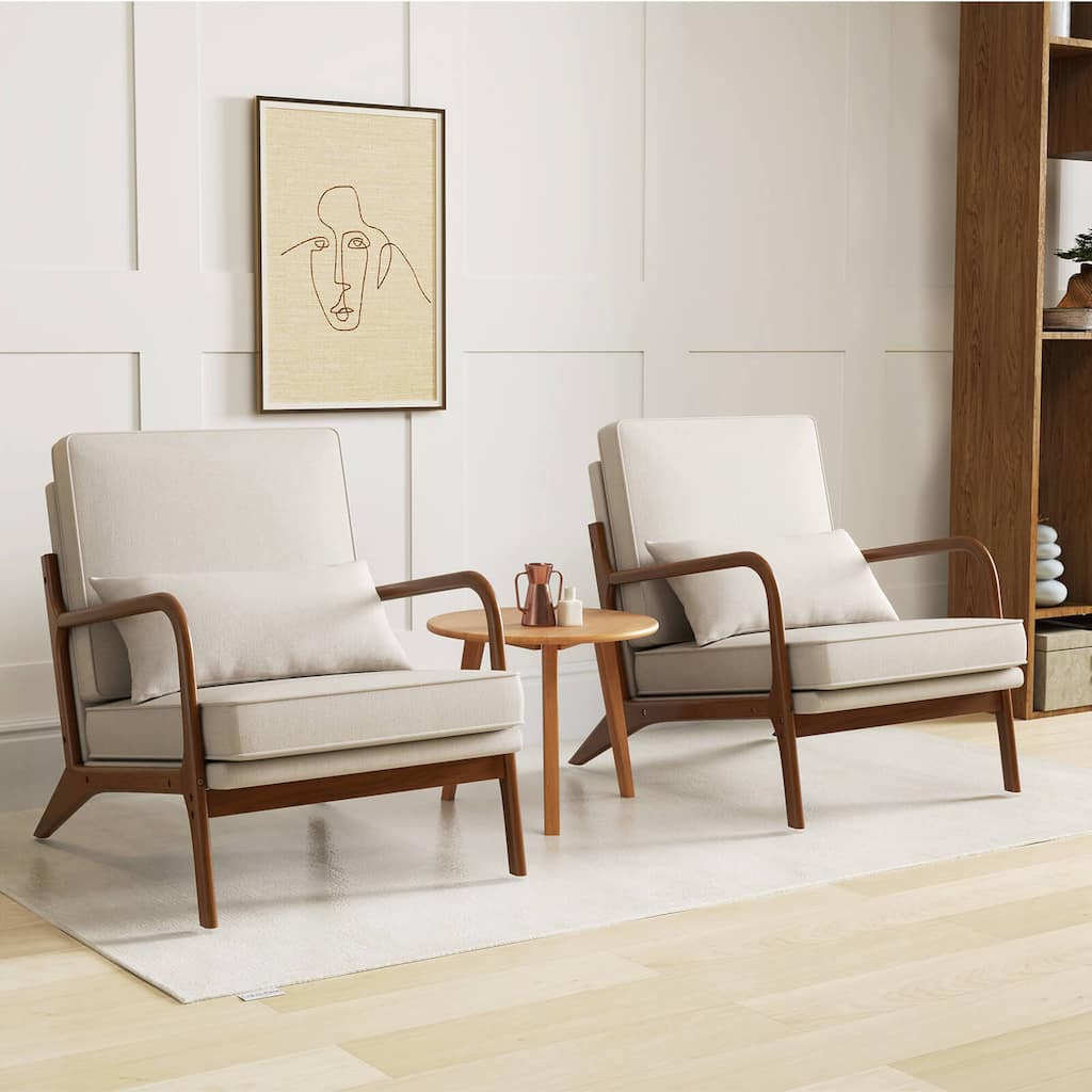 Modern Accent Chair Upholstered Armchair w/ Pillow & Wood Frame
