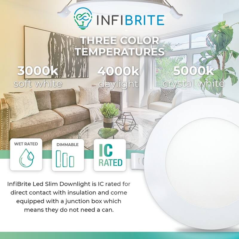 Infibrite 6 Inch 3000K/4000K/5000K Selectable 12W 1050LM Ultra-Slim LED Ceiling Light with J-Box, Flush, Dimmable (24 Pack)