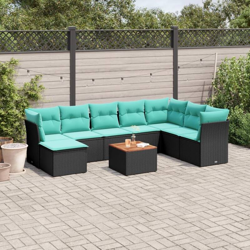vidaXL Patio Sofa Set with Cushions Outdoor Furniture 9 Piece Poly Rattan - 24.4" x 24.4" x 27.2" - Black and blue