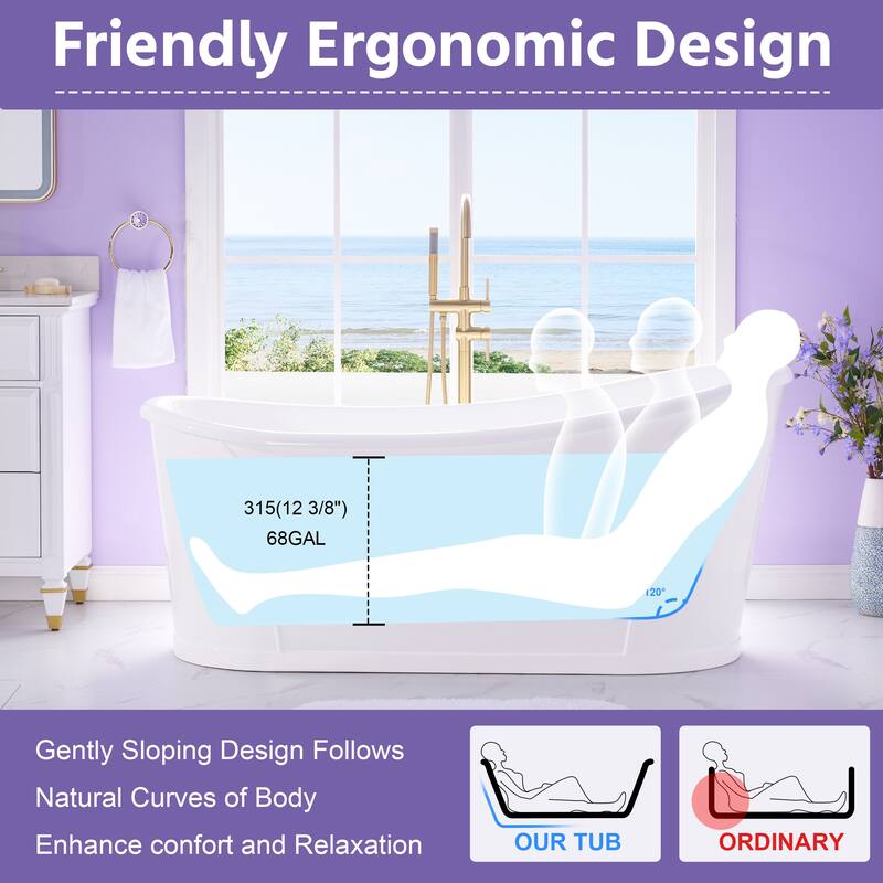 66'' W,68 GALLONS Freestanding Acrylic Soaking Bathtub With Drain And Overflow Holes