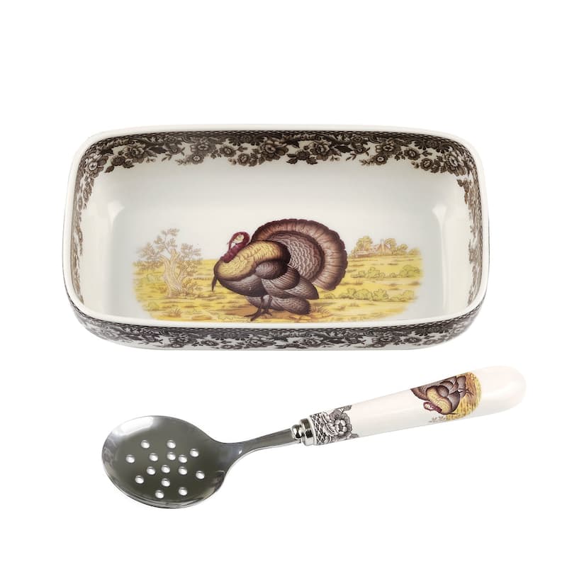 Spode Woodland Cranberry Dish with Slotted Spoon - Turkey Design