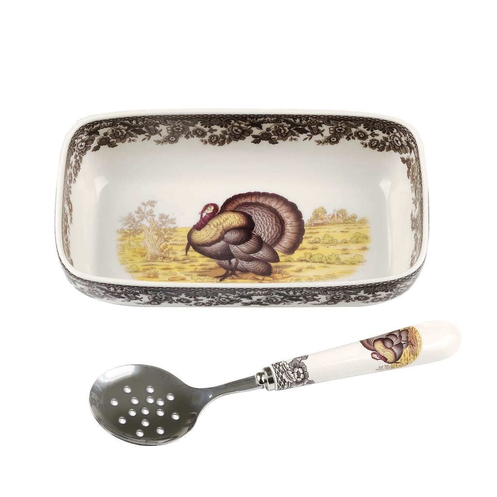 Spode Woodland Cranberry Dish with Slotted Spoon