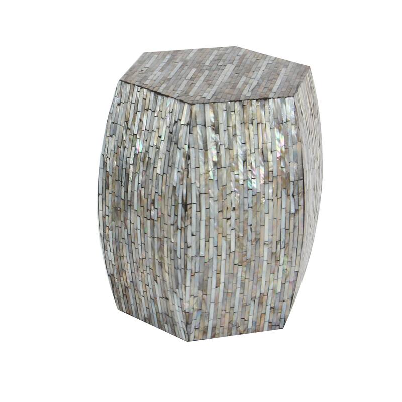 Mother of Pearl Shell Geometric Handmade Shell Mosaic Hexagon Accent Table with Brown Accents - Gray - Roche River Decor