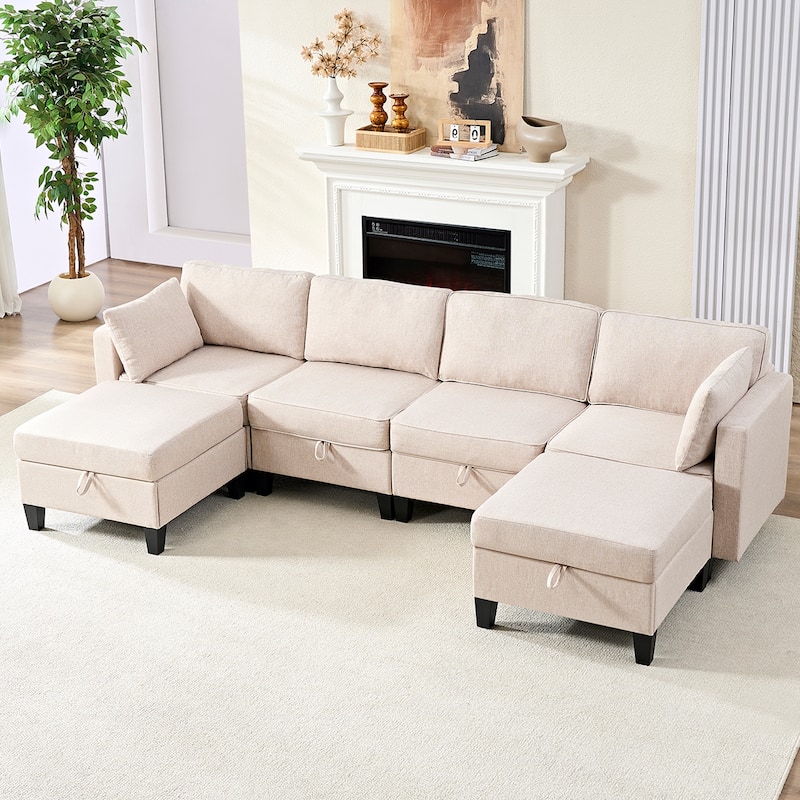 Mixoy Flexible Combination Reversible 4-Seater Modular Sofa with Ottomans,Linen Convertible Sleeper Sofa Bed with Storage Space