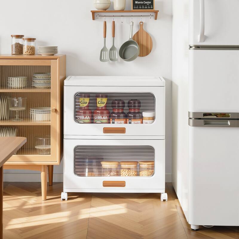 VECELO White Rolling Storage Cabinet with Transparent Doors 1/2/3-Tier Plastic Storage Bins with Wheels for Bedroom Living Room