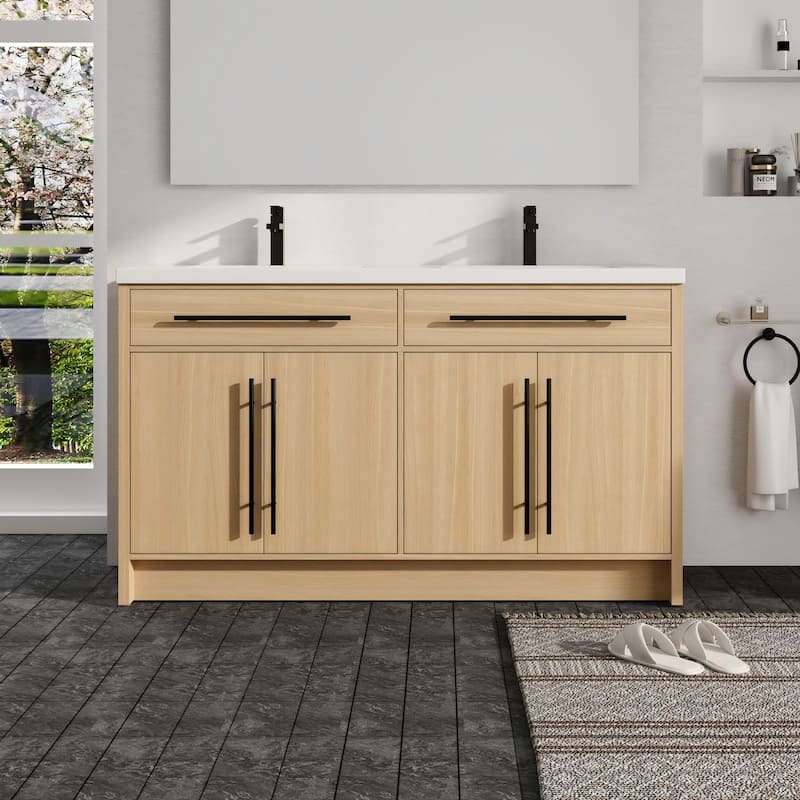 Malwee 48"/60" Bathroom Vanity with Sink, FreeStanding Vanity with 4 Soft Close Doors and 2 Adjustable Shelves - 59.1"×18.3"×35.4"