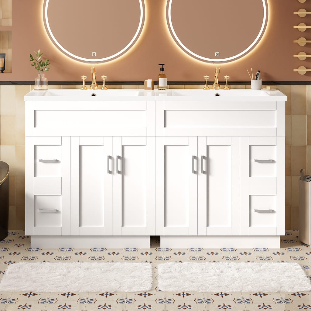 60" Bathroom Vanity with 4 Cabinet Doors, 4 Drawers, 2 Adjustable Shelves, Dual SMC Resin Sinks, Hidden Soft-Close Drawers