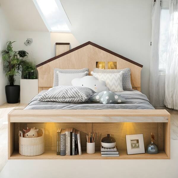 slide 2 of 24, Wood Color Full Size House Platform Bed with LED Lights and Storage Natural