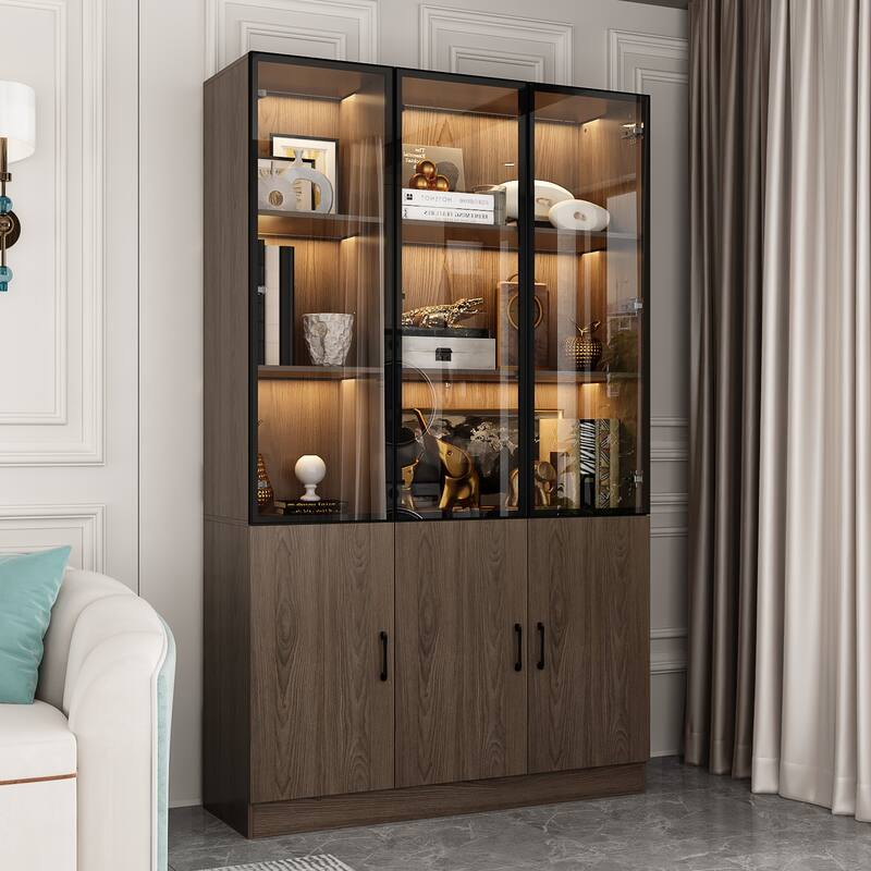 LED-Lit Wood Grain Cabinet - Configurable Storage for Home or Office