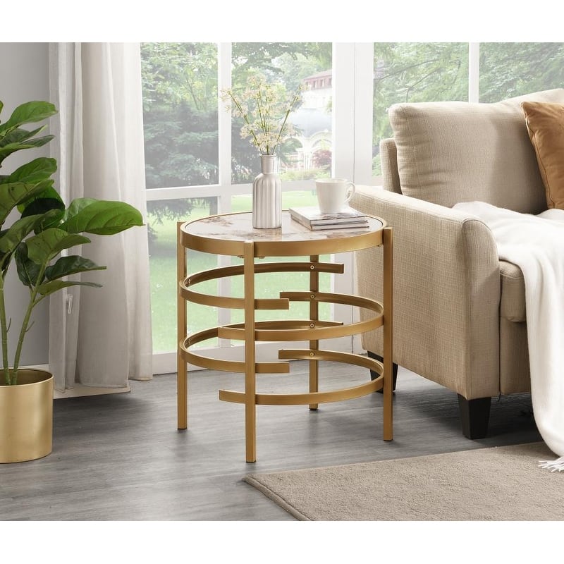 Modern Round Sintered Stone Top End Table Small Coffee Table for Sofa