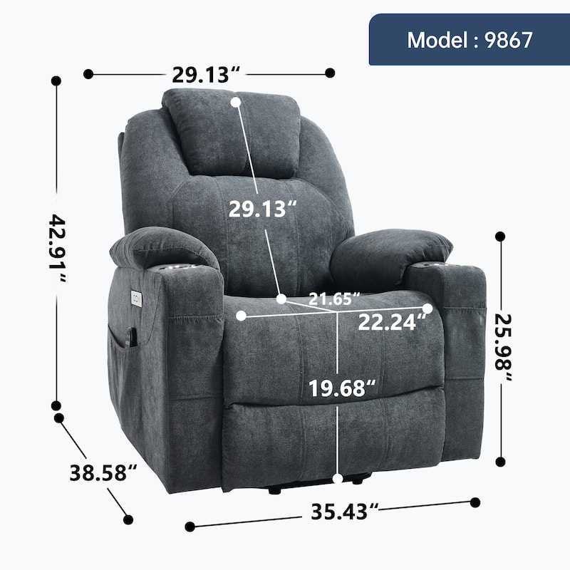 Power Lift Recliner Chair for Elderly Heated Vibration Massage, Lounge Sofa with USB Ports, Cup Holders & Side Pockets
