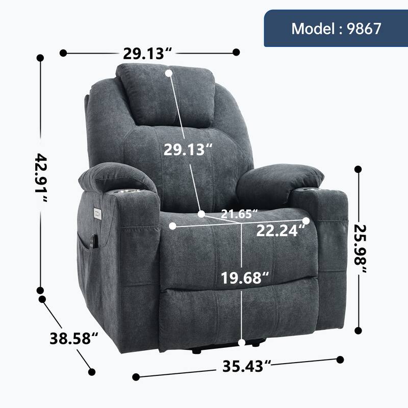 Roomfitters Power Lift Recliner Chair with Heat Massage 350lbs Heavy Duty Electric Sofa USB C Ports Cup Holders