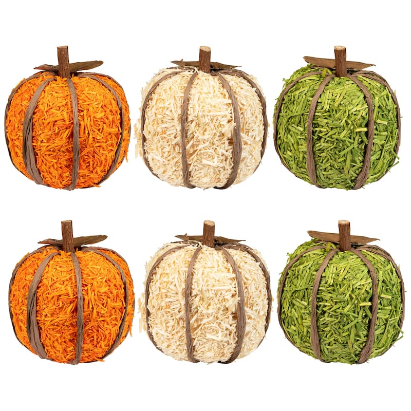 Textured Shredded Wood Pumpkin Fall Harvest Decorations- 3.5" - Orange and Green - Set of 6