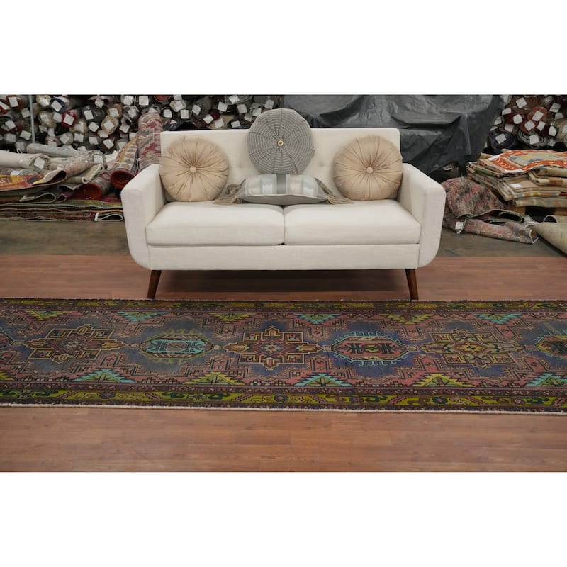Hand Knotted Oriental 100% Wool Carpet Traditional Geometric Navy Blue & Blues Heriz Runner Rug - 14' 3'' X 3' 5''
