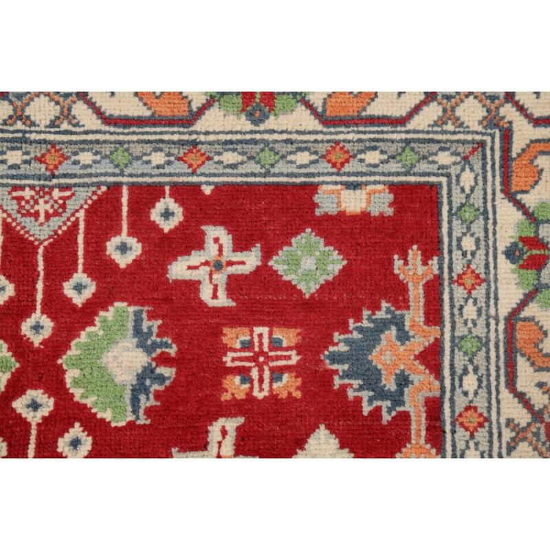 Red Geometric Kazak Accent Rug Hand-Knotted Traditional Wool Carpet - 3'4" x 4'10"