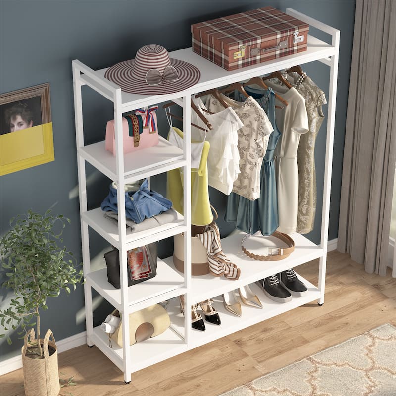 Black/ White Modern Clothes Garment Rack,Metal and Wood Closet Rack Closet Organizer System with Hanging Rod and Shelf