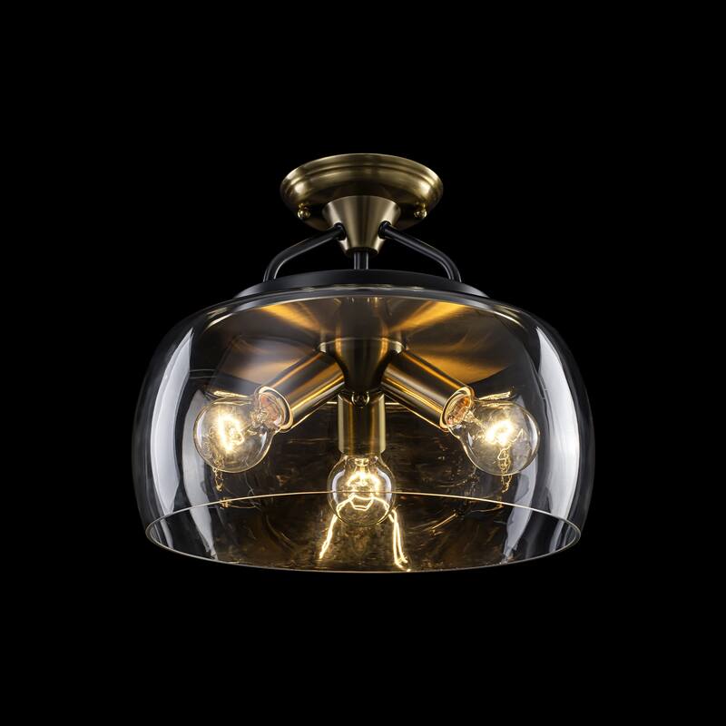 13" W 3-Light Modern Industrial Black Metal Semi-flush Mount Ceiling Light with Clear Dome Glass