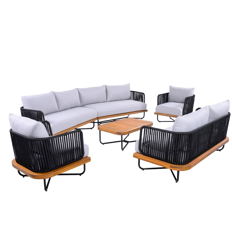Christopher Knight Home - Evelyn Patio Outdoor Acacia Wood Rope Sofa Set - 2 chairs + table + loveseat + sofa - Teak finsh+Grey cushion+Black rope