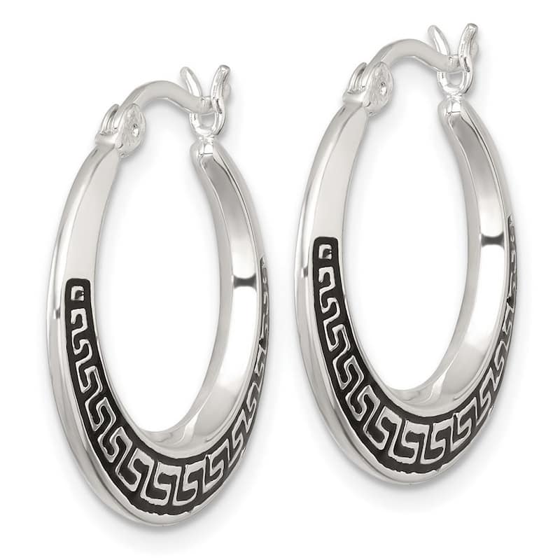 Curata 925 Sterling Silver Rhodium or Gold Plated Black Enamel Greek Key Hoop Earrings - 22x2mm