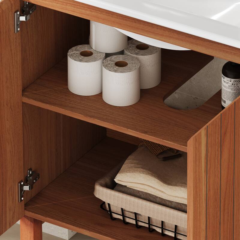 Roomfitters 30" Modern Bathroom Vanity with Ceramic Sink, Minimalist Cabinet with Vertical Stripe Design, Antique Natural