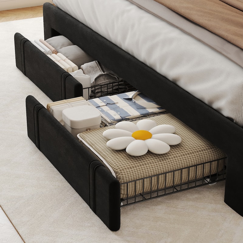 Velvet Upholstered Platform Bed Frame with Adjustable Headboard and 4 Storage Drawers & RGB LED Lights
