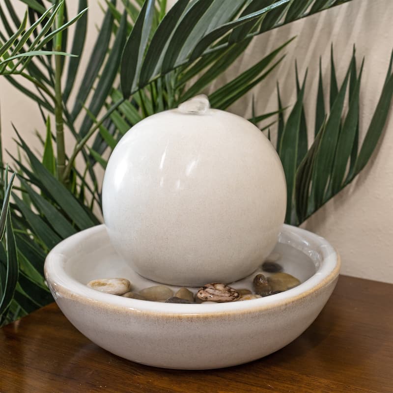 Sunnydaze Ceramic Indoor Tabletop Water Fountain with Orb - 7-Inch - White