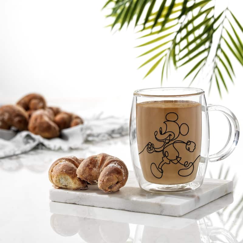 JoyJolt Disney Mickey and Pluto Glass Coffee Mugs - Set of 2 - 13.5 oz