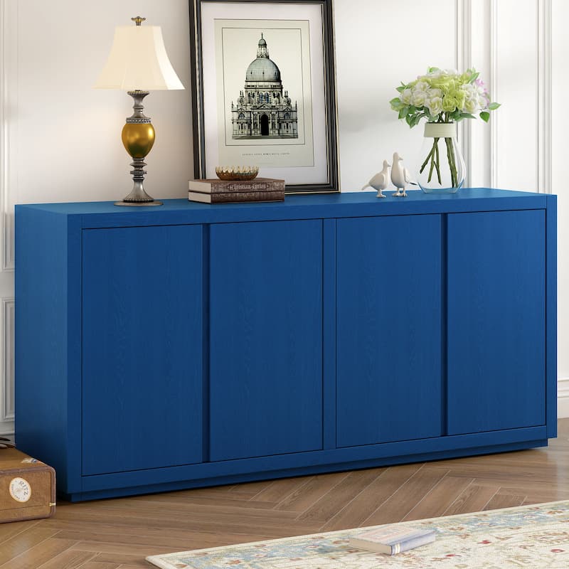 Modern Four-Door Accent Cabinet with Ash Veneer, Adjustable Shelves, Ideal for Living Room, Hallway, and Entryway Storage - Navy Blue