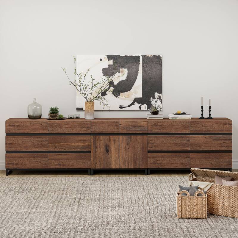 WAMPAT Modern Sideboard with Adjustable Shelves, 3 in 1 Storage Cabinet with Glass Doors, Coffee Bar Cabinet for Kitchen - 94.5 inches - Brown