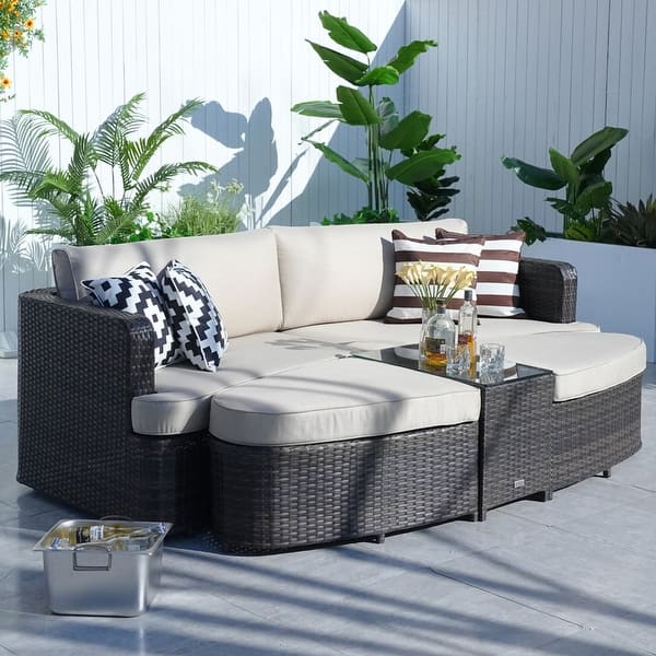 slide 2 of 35, 5-piece Patio Aluminum Wicker Daybed Sectional Sofa Set with 1 Side Table and 2 Ottomans