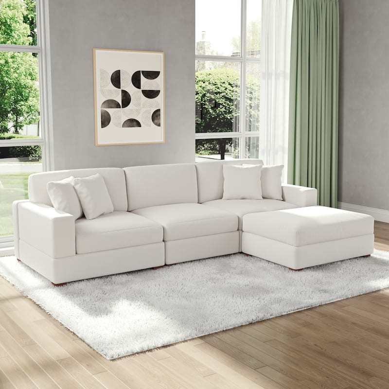 Modular Corduroy Sectional Sofa Set Chaise Couch with Ottoman