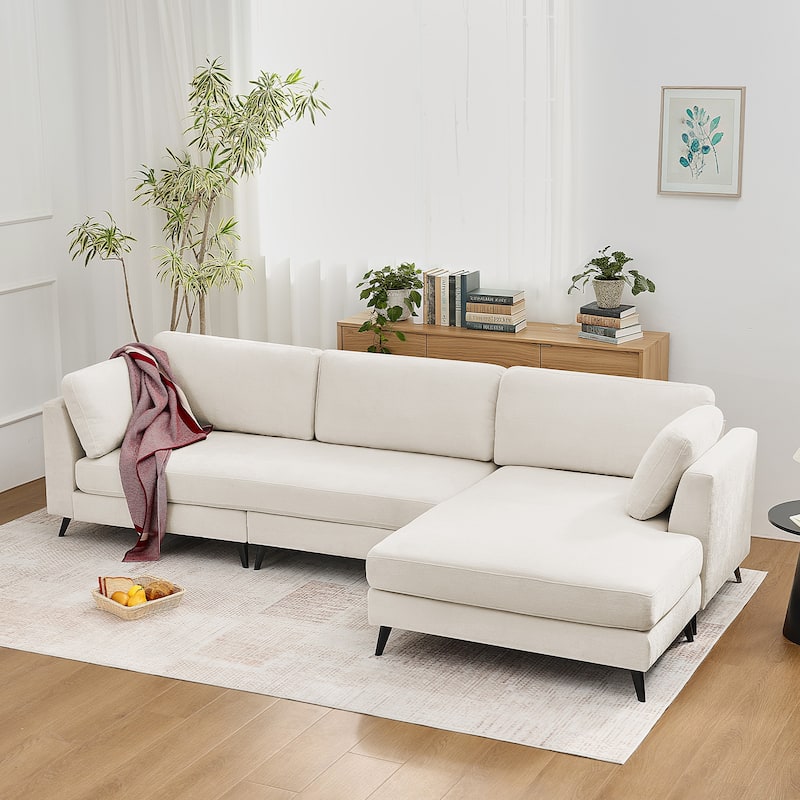 120“ Overised Chenille 3 Seater Sofa with a Removable Ottoman, Modern Upholstered Modular Couch for Living Room - Beige - Reversible