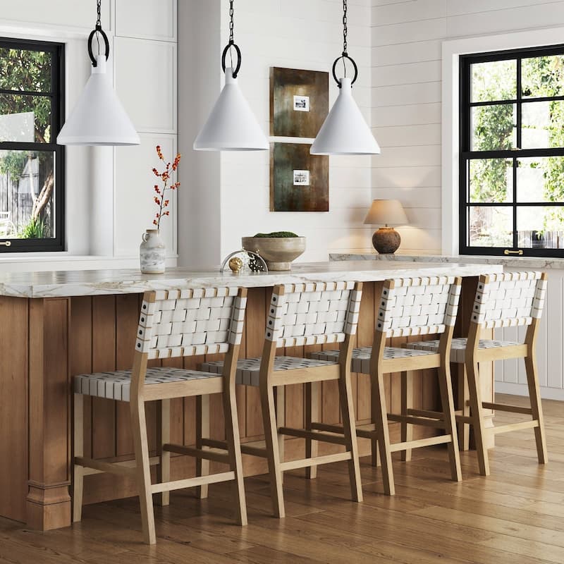Cohen Mid Century Modern Bar Stool, Upholstered Woven Faux Leather Counter Stool with Back and Solid Wood Legs