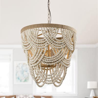19.7" Bohemian Layered Wood Beads Basket Chandelier Light
