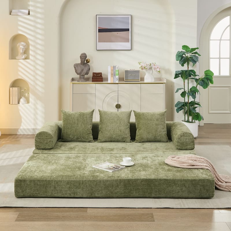 3-Tier Design Convertible Chenille Sofa Bed, Folding Sleeper Floor Sofa with Pillows, No-Assembly Modular Sofa Couch
