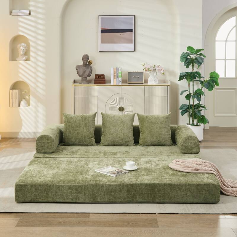 Chenille Folding Sofa Floor Sleeper Bed Chaise Lounger Couch 3-in-1 Comfy Mattress with Reversible Arm Pillows and Non-slip Pad