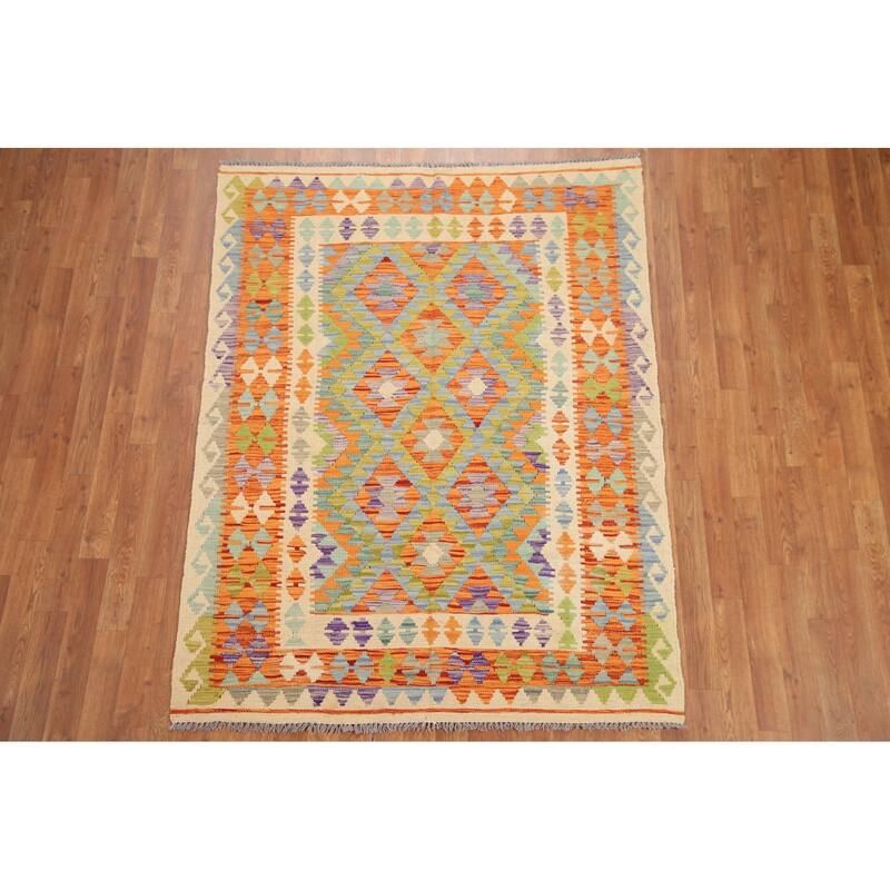 Hand Woven Oriental 100% Wool Carpet Southwestern Geometric Multi-Colored Kilim Area Rug - 5' 11'' X 4' 6''