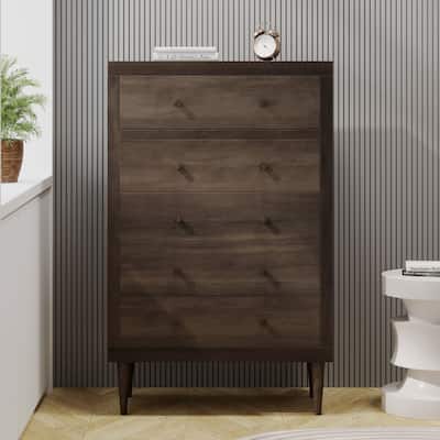 5 Drawers Walnut Dresser with Wood Legs for Bedroom, Living Room