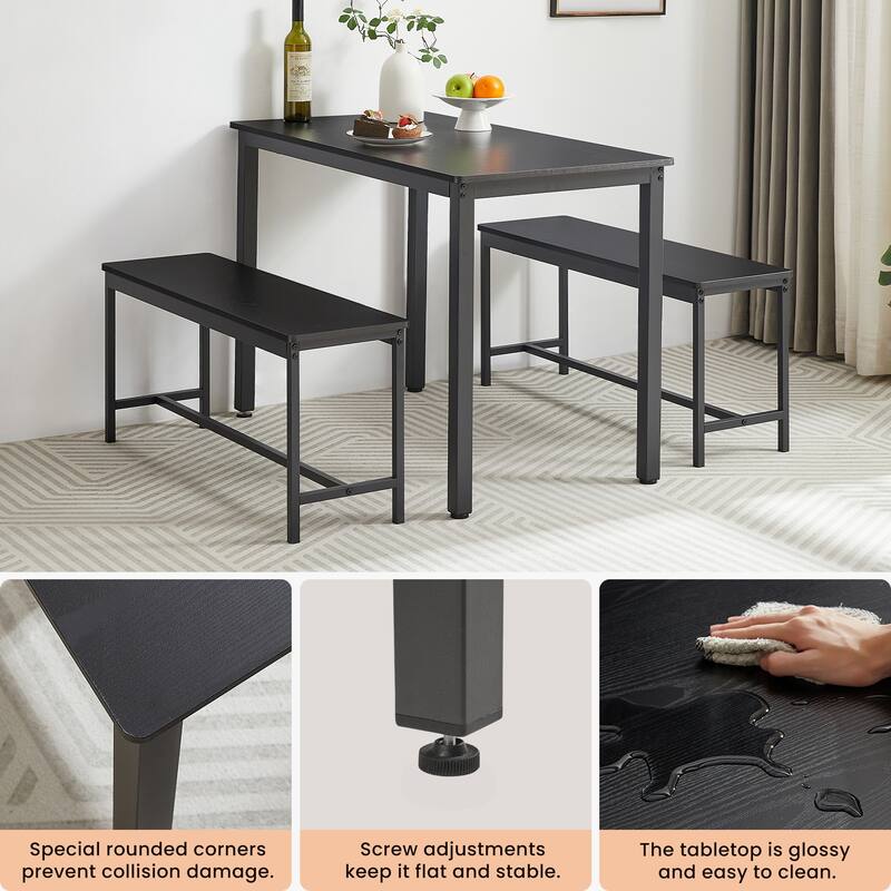Anmytek 3 Piece Dining Table Set with 2 Benches Black Wood Grain Metal Frame Compact Rectangular Kitchen Table Set