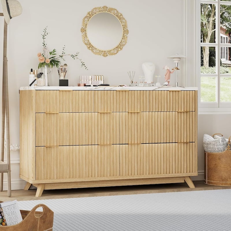 54" Modern Curved Profile Fluted Dresser with 7 Drawers - Natural