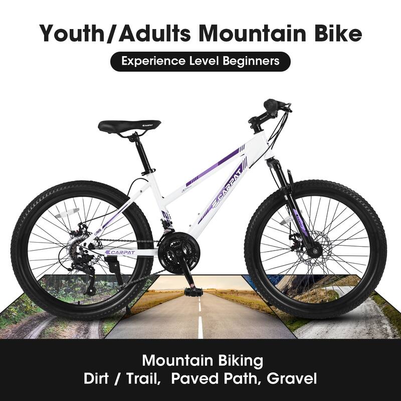24 Inch Mountain Bike with 21 Speed, 100mm Front Suspension and Dual Disc Brakes, for Trail and Urban