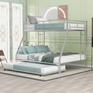Industrial Modern Twin over Full Bed with Sturdy Steel Frame, Twin Trundle, Two-Side Ladders and Full-length Guardrails, White