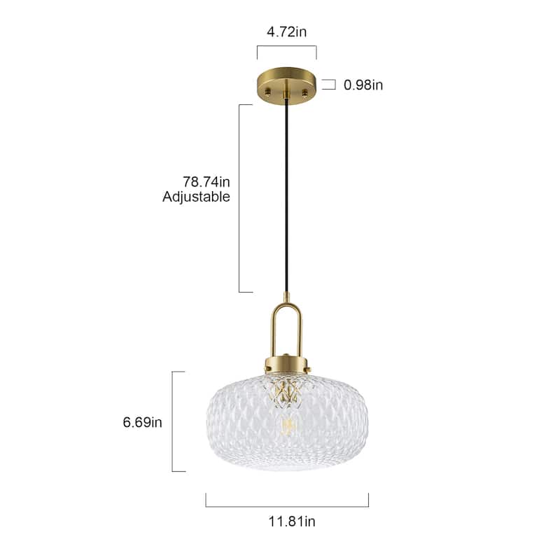 1-Light Gold Diamond Textured Glass Pendant Light - 11.81"