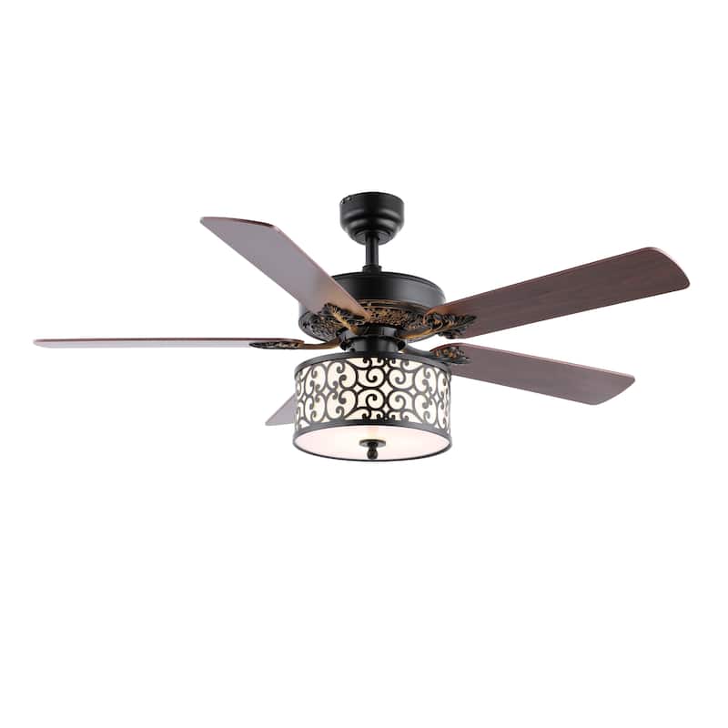 Paolo 52" 3-Light Farmhouse Industrial Iron Scroll Drum Shade LED Ceiling Fan With Remote, Black/White by JONATHAN Y