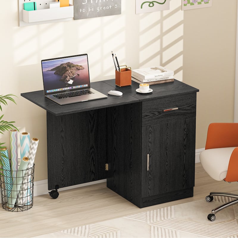MDF Folding Computer Desk with Storage Cabinet, Drawer and Wheels