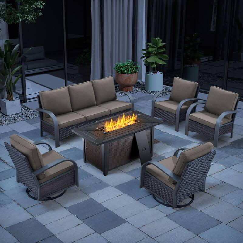 Outdoor Sofa Chair with Fire Pit Table Set - Brown Rattan - Grey Cushion - 6PCS Sofa Chair with Fire Table