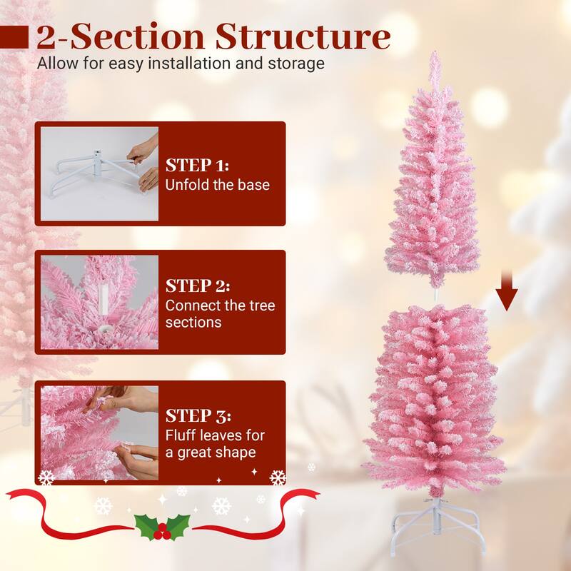 Gymax 5 FT Pink Artificial Christmas Tree Slim Pencil Xmas Tree w/ 328