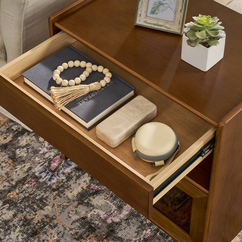 Mid Century Modern Nightstand with Charging Station & Outlet Hole & 2 Drawers, Farmhouse End Table with Open Shelf