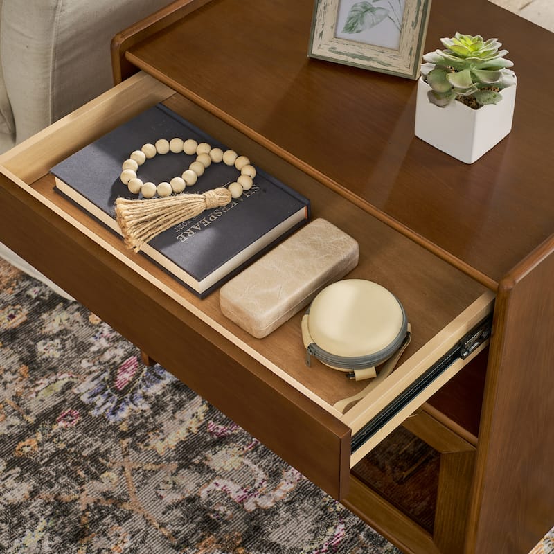 Mid-Century Modern Nightstand with USB Charging Station‌ - End Table Featuring 2 Drawers, Open Shelf & Glass-Front Cabinet