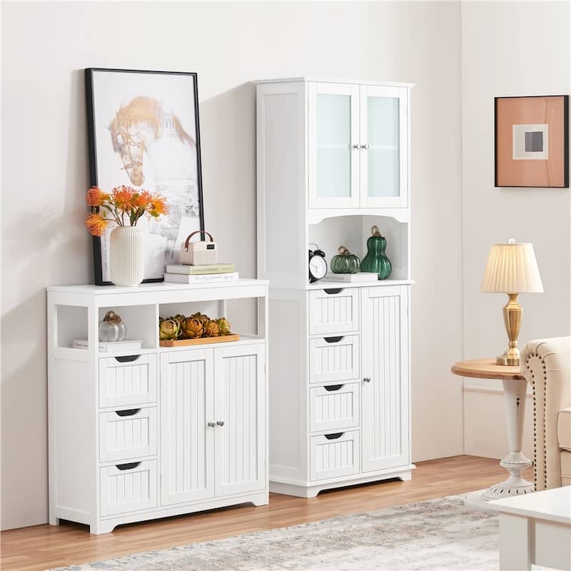 Yaheetech Bathroom Storage Cabinet Cupboard with Glass Door, White - N/A